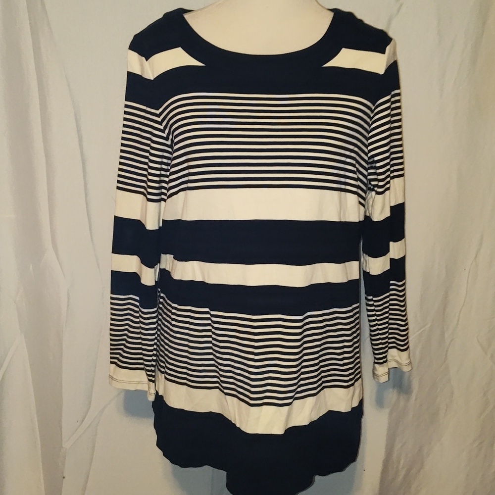 Talbots T Shirt Women's XL Plus Navy White Striped Long Sleeve 100% Cotton